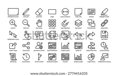 Collection of 40 line related to website and application including navigation, collaboration, and analytics tools