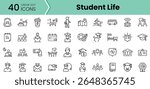 A collection of 40 linear dot icons representing various aspects of student life, including education, activities, and social interactions.