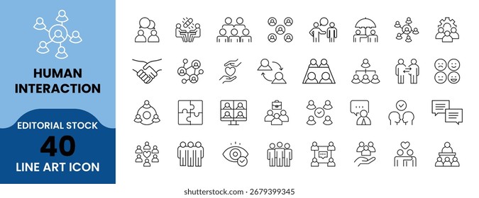 Collection of 40 minimalist human interaction line art icons for ui ux design