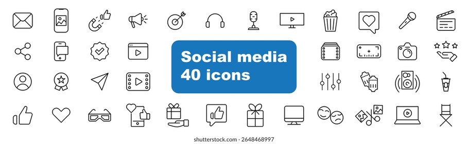 Collection of 40 modern line-style icons representing social media elements. Includes like, comment, share, profile, hashtag, message, notification, settings, live stream, and other essential symbols