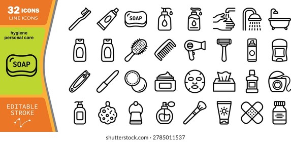 Collection of 40 outline representing hygiene and personal care products and actions toothbrush toothpaste
