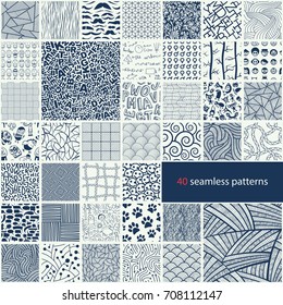 Colección de 40 modelos abstractos vectoriales monocromos. Varios adornos blancos y azules. Papel de regalo. Las sábanas y el interior.