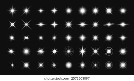 A collection of 40 white starburst light effects on a black background. Starburst patterns vary in size and shape, creating a dynamic and luminous effect. Overlay effect vector element set.