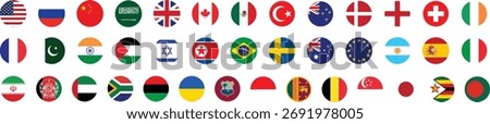 Collection of 40 World Flags Icons Set – USA, UK, Canada, Brazil, India, China, Bangladesh, Japan, Europe, Middle East, Africa, Asia, International Countries button round Circle Symbols Vector
