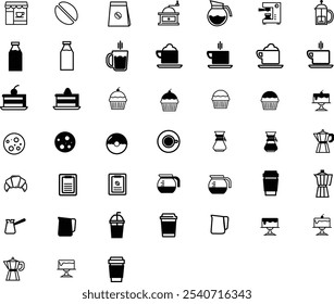 A collection of 42 black coffee and dessert icons in a grid on a white background. The icons represent various coffee beverages, brewing methods, pastries, and desserts.