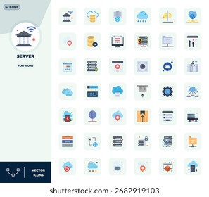 Colección de 42 iconos vectoriales perfectos Flat PIXEL para Servidor, diseñados en formato 128x128 para mayor claridad y versatilidad.