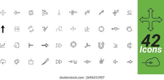 Colección de 42 iconos y símbolos de flecha dibujados a mano en un estilo de contorno limpio sobre un fondo blanco