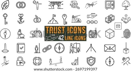 Collection of 42 hand drawn line art icons representing trust security and reliability concepts isolated on transparent background
