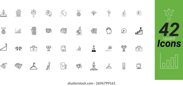 Colección de 42 íconos de mejora de habilidades de arte lineal simple que representan varios conceptos comerciales y tecnológicos