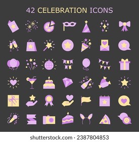 A collection of 42 unique celebration-themed vector icons, capturing the essence of the holidays. Perfect for event invitations, greeting cards and holiday graphics. Flat vector illustration.