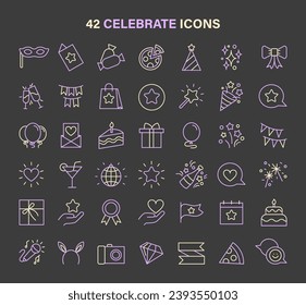 A collection of 42 unique celebration-themed vector icons, capturing the essence of the holidays. Perfect for event invitations, greeting cards and holiday graphics. Flat vector illustration.
