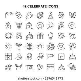 A collection of 42 unique celebration-themed vector icons, capturing the essence of the holidays. Perfect for event invitations, greeting cards and holiday graphics. Flat vector illustration.