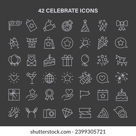 A collection of 42 unique celebration-themed vector icons, capturing the essence of the holidays. Perfect for event invitations, greeting cards and holiday graphics. Flat vector illustration.