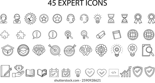 
A collection of 45 expert-themed outline icons in vector format, representing knowledge, skills, education, training, achievement, and professional growth. These minimalistic and modern icons are per