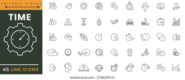 A collection of 45 line icons featuring time-related symbols, including clocks, gears, and hourglasses, in editable stroke style on white background
