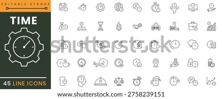 A collection of 45 line icons featuring time-related symbols, including clocks, gears, and hourglasses, in editable stroke style on white background