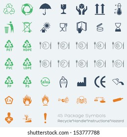 Collection of 45 Packaging Symbols(recycle, handle, instructions, hazard). UI style colors.