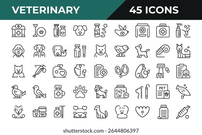 A collection of 45 simple veterinary line icons including animals, medications, paw prints, and vet consultations.