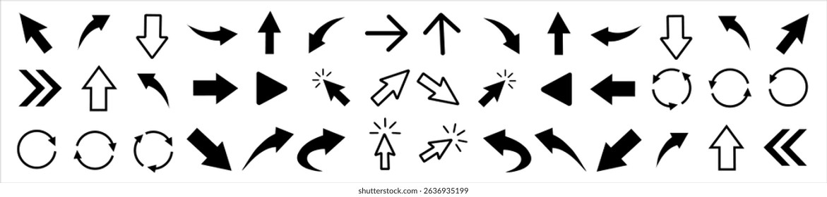 Collection of 48 arrow icons in various styles including straight, curved, circular, and cursor shapes. Black directional symbols on white background. Navigation and interface concept for design 