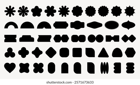 A collection of 48 black abstract shapes, including stars, circles, and geometric forms. Diverse shapes, bold black silhouettes, abstract and geometric designs. Black shapes, vector element set.