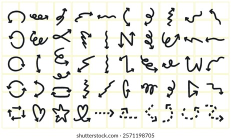A collection of 48 black hand-drawn arrows on a yellow grid. The arrows vary in shape and direction, offering diverse options for design and navigation. Element vector set.