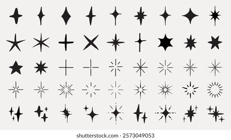 A collection of 48 black star shapes and starburst icons. Various star designs and starburst patterns on a white background. Perfect for star-themed projects. Element vector set.