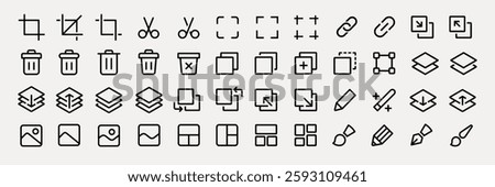 A collection of 48 black and white editing icons, featuring tools like crop, delete, layers, and link. Editing icons for digital design and media projects. User interface icons, UI icon vector set.
