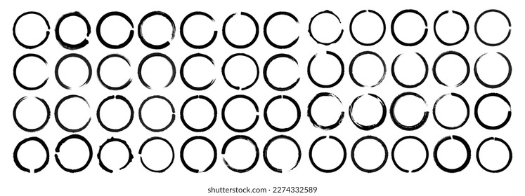 Collection of 48 grunge circle brush. Round doodle loops, circular sketch highlights. Vector. 
