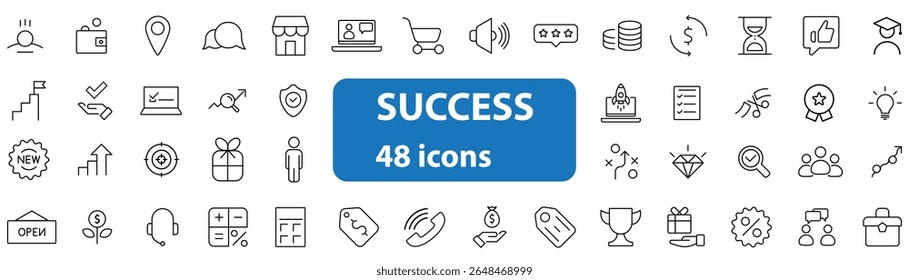 Collection of 48 line-style vector icons representing success, achievement, progress, and personal growth. Includes symbols like trophies, medals, stars, targets, charts, badges, thumbs up, rockets