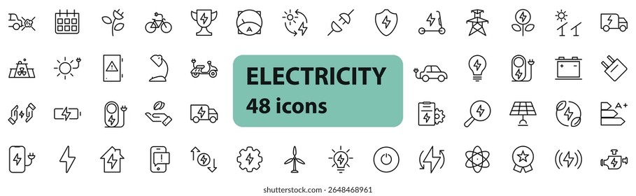 Coleção de 48 ícones de eletricidade minimalistas representando vários conceitos elétricos, dispositivos e símbolos. Design limpo e moderno ideal para projetos de tecnologia, energia e engenharia.