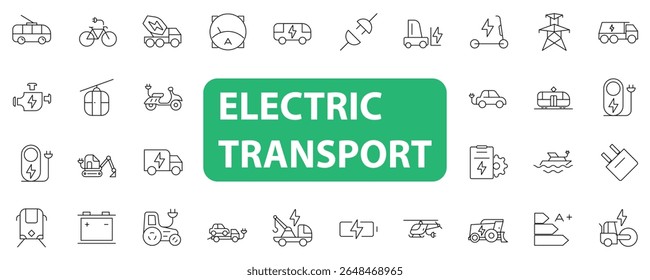 Collection of 48 minimalist icons representing electric transport modes and related technology. Includes electric cars, scooters, bikes, charging stations, and sustainable mobility concepts. 