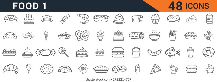 Colección de 48 íconos y símbolos relacionados con la comida de la página 1 en un estilo de arte minimalista, que incluye varios platos, utensilios y Elementos culinarios, presentados sobre un fondo blanco limpio para su uso versátil en menús y diseños relacionados con la comida.