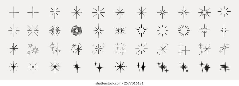 Collection of 48 starburst icons in various styles. Starburst designs include crosses, rays, and circles. Perfect for graphic design and decoration. Element vector set.