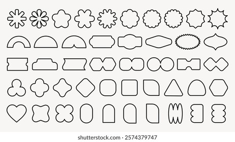 A collection of 48 unique geometric shapes, including stars, circles, and triangles. These geometric shapes are outlined and vary in complexity and style. Black shapes, vector element set.