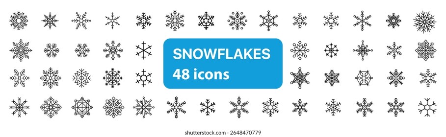 Colección de 48 iconos únicos de copo de nieve en estilo Vector. Cada copo de nieve tiene un diseño geométrico distinto, perfecto para temas de invierno, decoración de vacaciones, gráficos de temporada, tarjetas de felicitación, papel de regalo