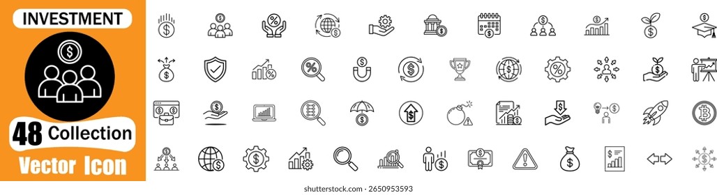 Una colección de 48 iconos vectoriales que representan varios aspectos de la inversión, las finanzas y el crecimiento empresarial, incluidos el dinero, los gráficos, la seguridad y los mercados globales.