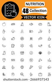 Collection of 48 vector icons representing nutrition and healthy eating, featuring food, fitness, and wellness elements.