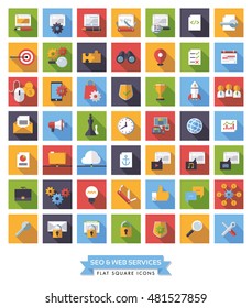 Collection of 49 flat design long shadow SEO and Web Services square icons