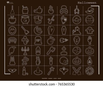 Collection of 49 halloween icons. Vector illustration in thin line style