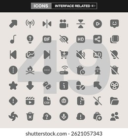 Uma coleção de 49 ícones de interface, cobrindo elementos essenciais da UI, como navegação, multimídia, configurações, interações sociais e muito mais. Ideal para design de aplicativo, desenvolvimento na Web, IU
