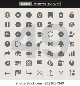 A collection of 49 interface icons, covering essential UI elements such as navigation, multimedia, settings, social interactions, and more. Ideal for app design, web development, UI