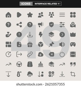 Uma coleção de 49 ícones de interface, cobrindo elementos essenciais da UI, como navegação, multimídia, configurações, interações sociais e muito mais. Ideal para design de aplicativo, desenvolvimento na Web, IU