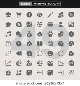Una colección de 49 iconos de interfaz, que cubre Elementos esenciales de la interfaz de usuario como navegación, multimedia, Configuraciones, interacciones sociales y más. Ideal para el diseño App, desarrollo del Web, UI