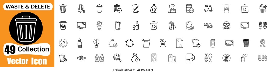 A collection of 49 vector icons representing various aspects of waste and disposal, including trash cans, recycling symbols, hazardous materials, and broken electronics.