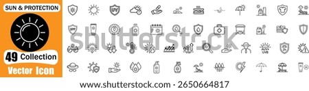 Collection of 49 vector icons representing sun and protection concepts
