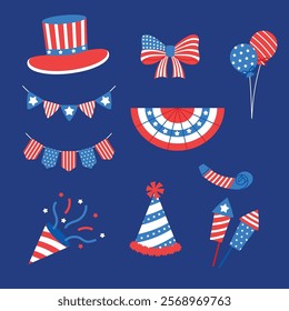 Collection of 4th of July, Star and Stipe , top hat, bow, balloon, garland, party blower, party popper, party hat, firecracker