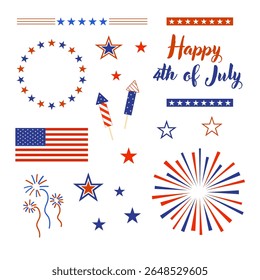 A collection of 4th of July themed decorative elements, featuring stars, fireworks, patriotic colors, and the American flag.