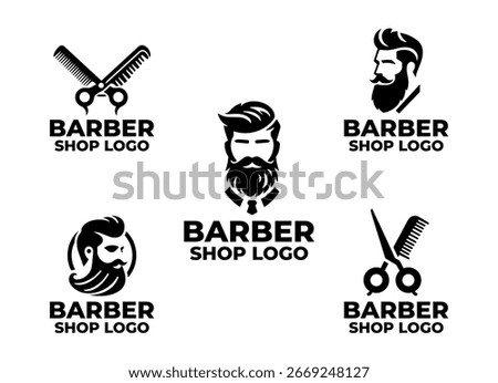 Collection of 5 barber shop logos featuring scissors, razors, and grooming symbols. Suitable for barbers, hair salons, men’s grooming services, and classic haircut branding.