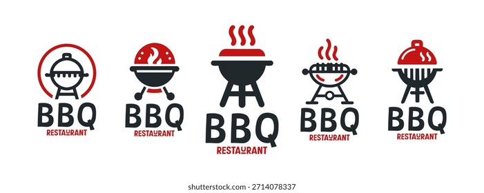 Una colección de 5 diseños de logotipos de restaurantes de barbacoa que se centran en parrilla, ahumadero y temas culinarios. Adecuado para restaurantes, puestos de comida y proyectos de identidad.