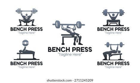 A collection of 5 bench press logo designs highlighting strength, power, and weight training. Perfect for gyms, bodybuilding programs, sports brands, and fitness coaching.